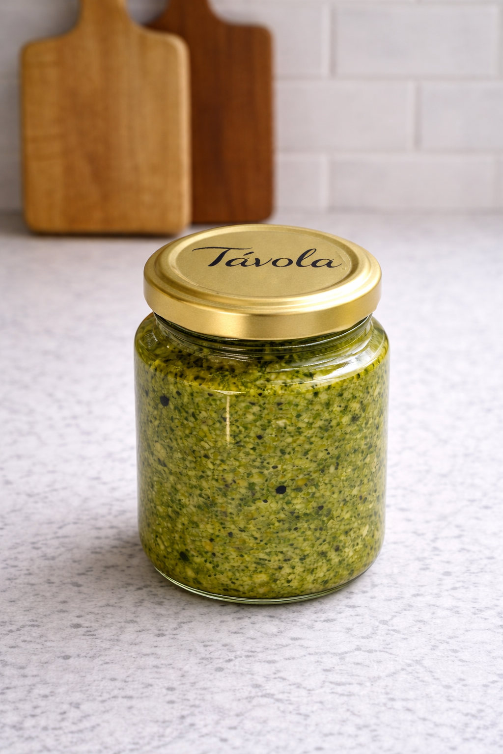 Pote de molho pesto da Tavola sobre uma bancada clara.